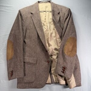 Vintage Farah Wool Herringbone Blazer Mens 44R Brown Tweed Elbow Patch Professor